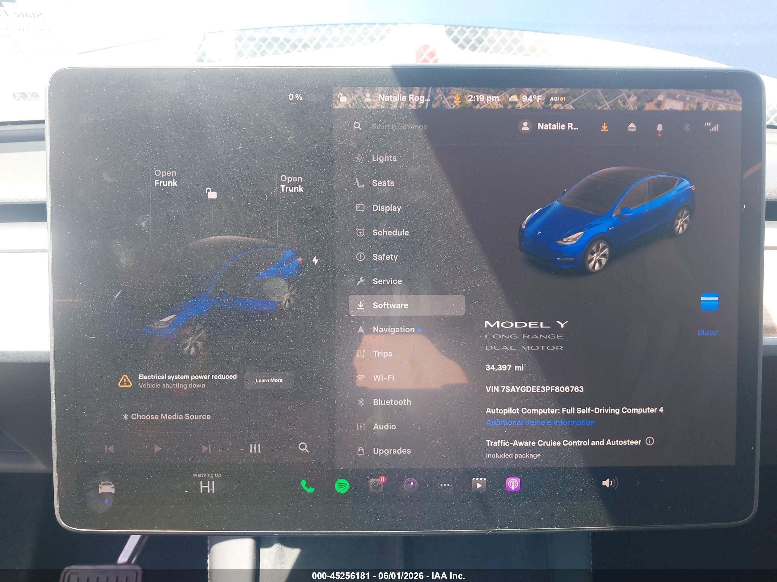 2023 Tesla Model Y Awd/long Range Dual Motor All-wheel Drive Blue vin: 7SAYGDEE3PF806763
