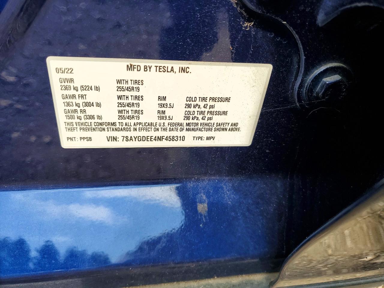 2022 Tesla Model Y Blue vin: 7SAYGDEE4NF458310