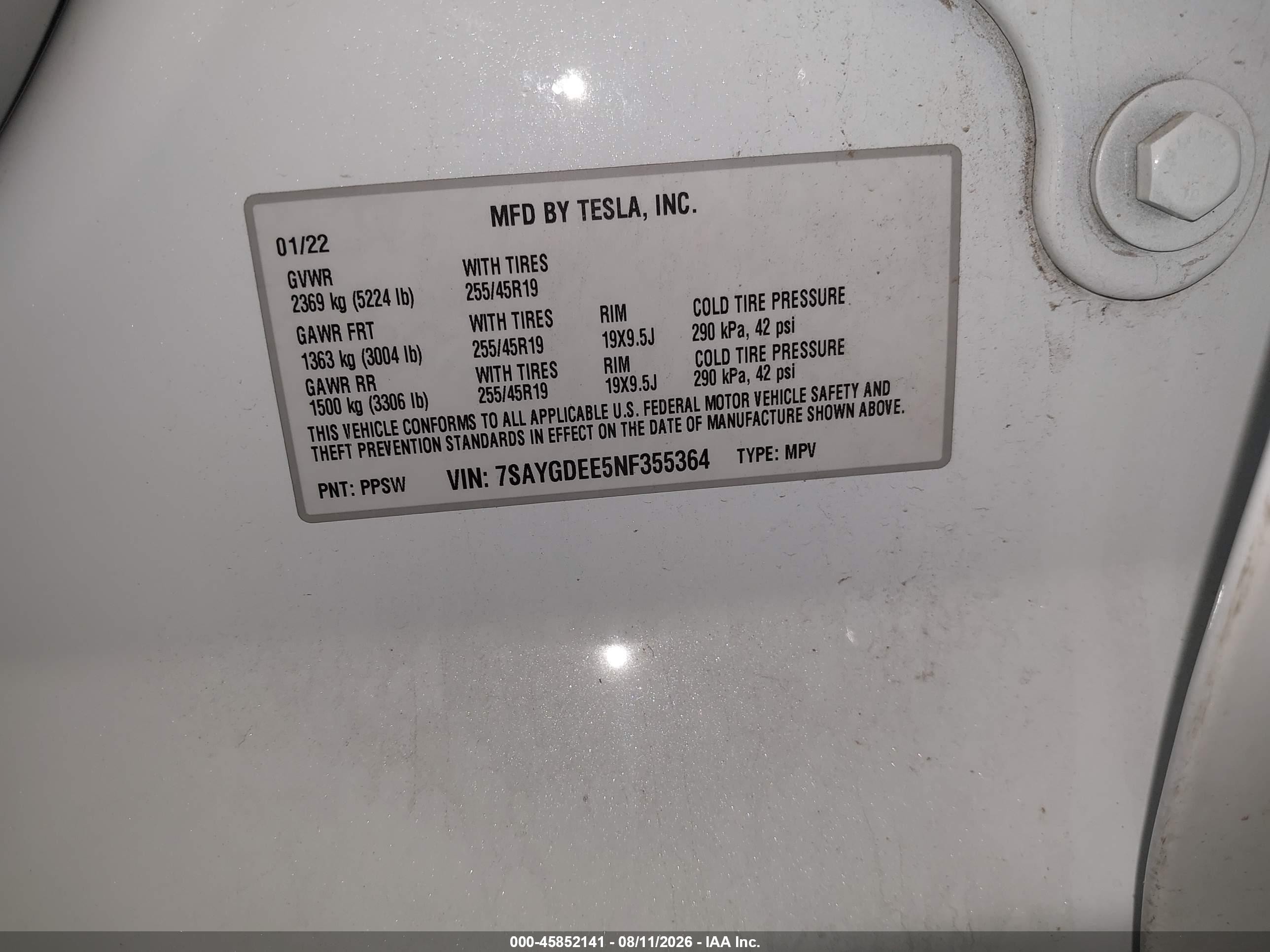 2022 Tesla Model Y Long Range Dual Motor All-wheel Drive White vin: 7SAYGDEE5NF355364