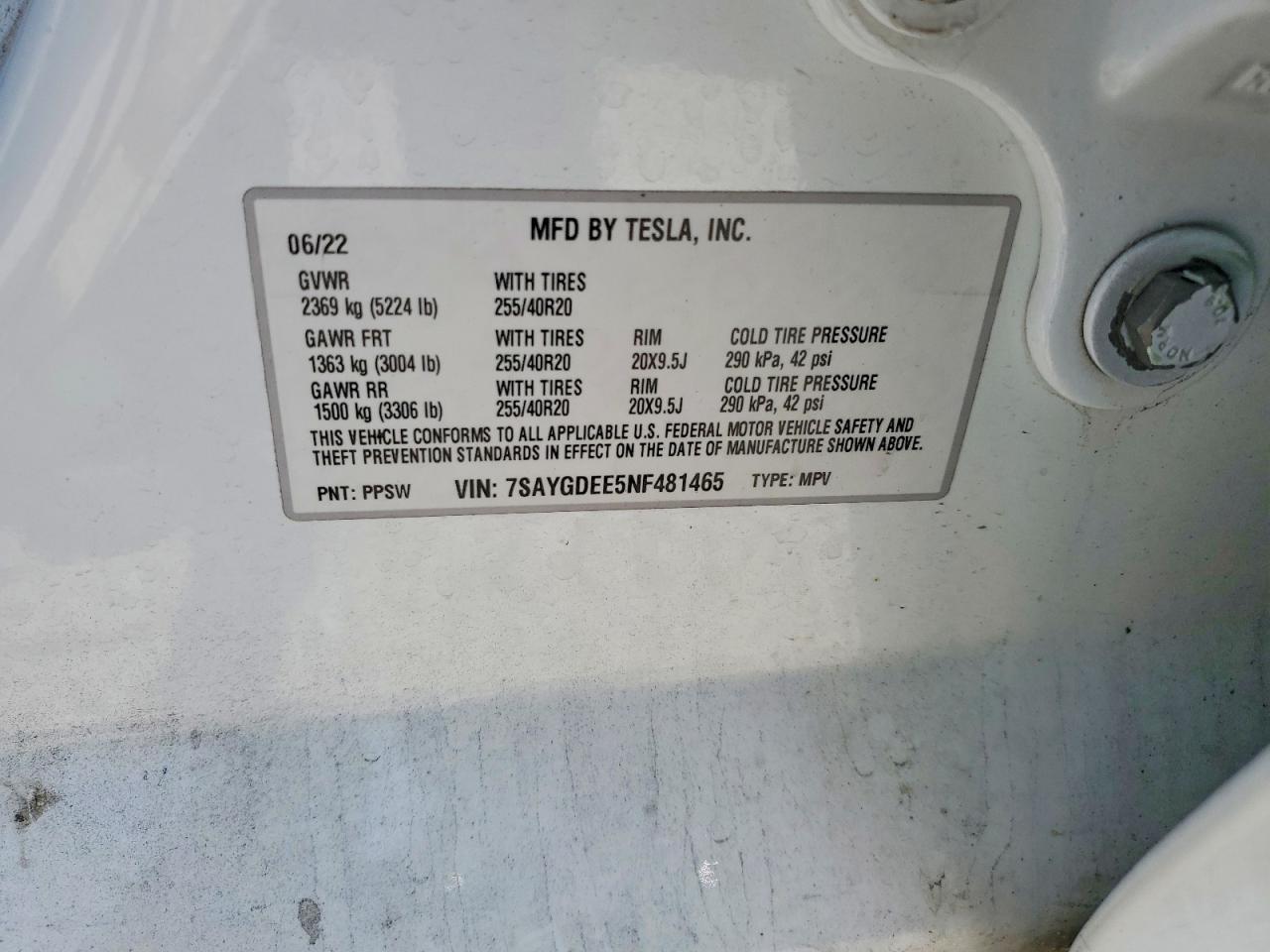 2022 Tesla Model  Y White vin: 7SAYGDEE5NF481465