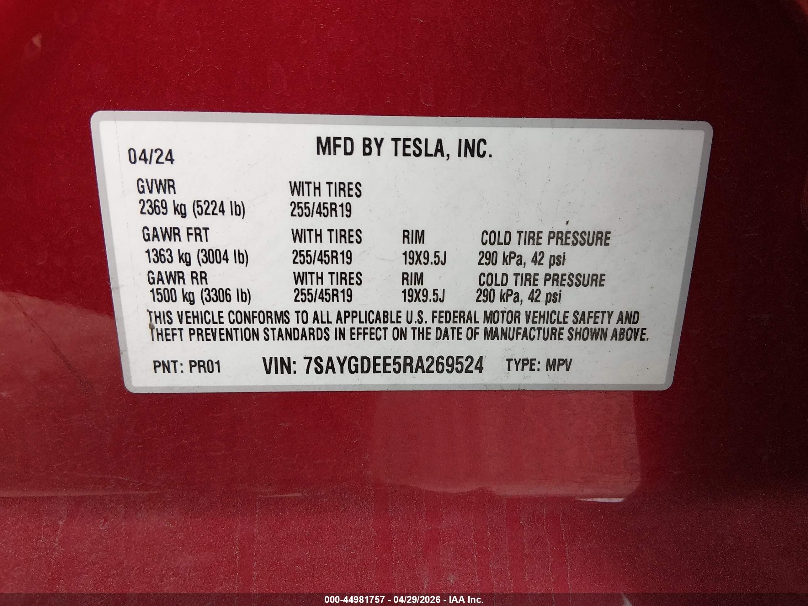 2024 Tesla Model Y Long Range Dual Motor All-wheel Drive Красный vin: 7SAYGDEE5RA269524