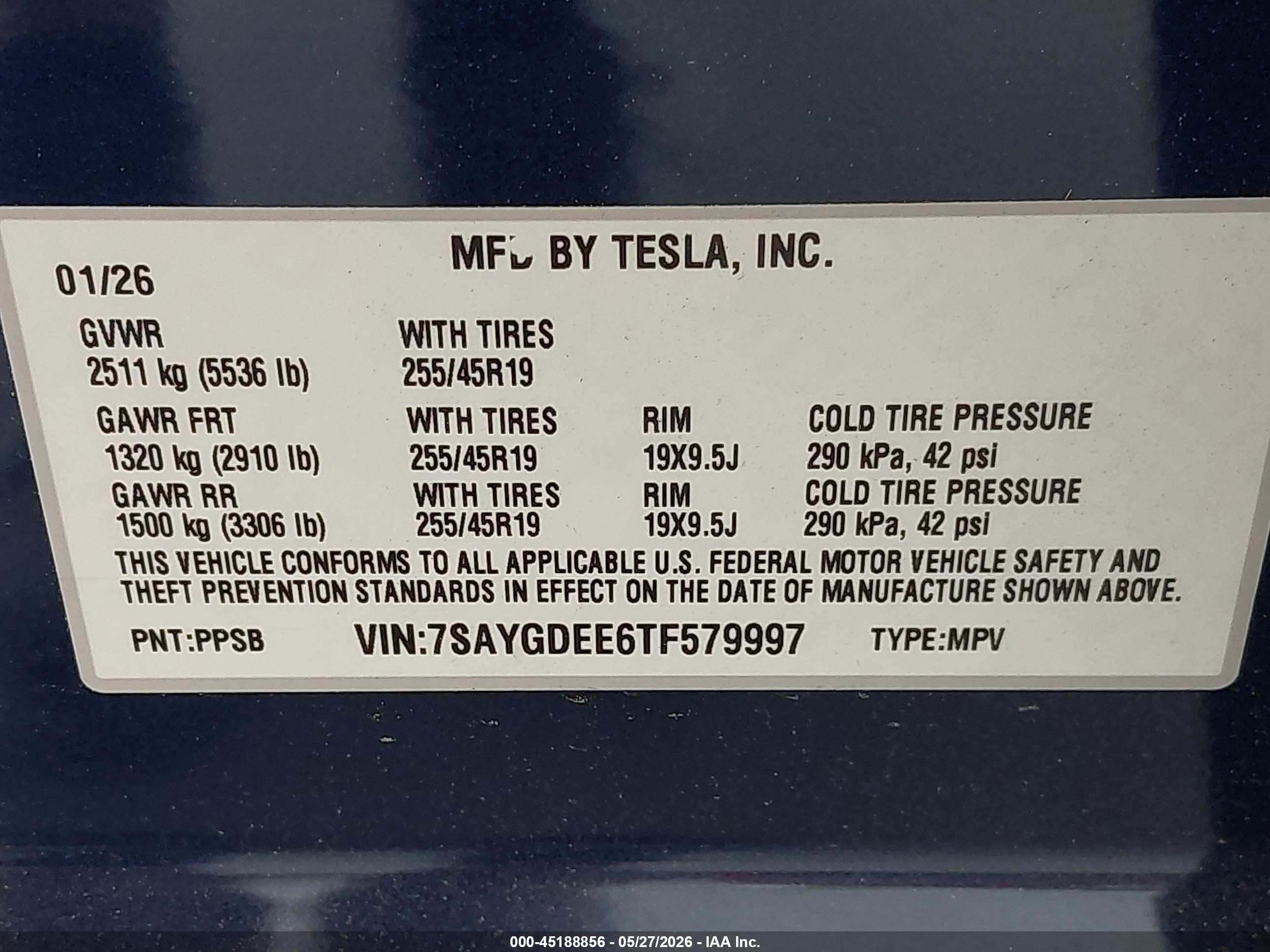 2026 Tesla Model Y All-wheel Drive/long Range Launch Series/premium Blue vin: 7SAYGDEE6TF579997