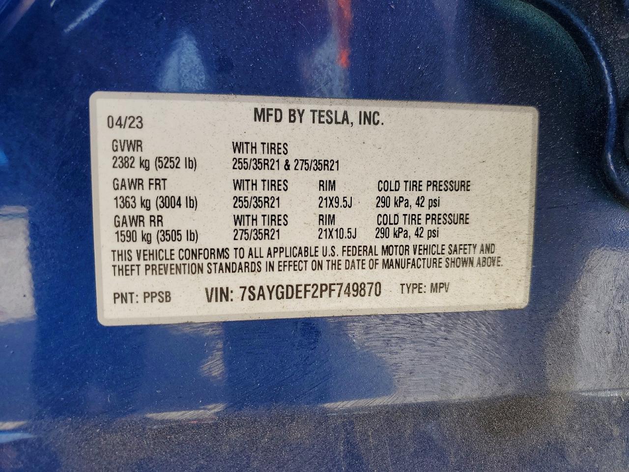 2023 Tesla Model Y Blue vin: 7SAYGDEF2PF749870