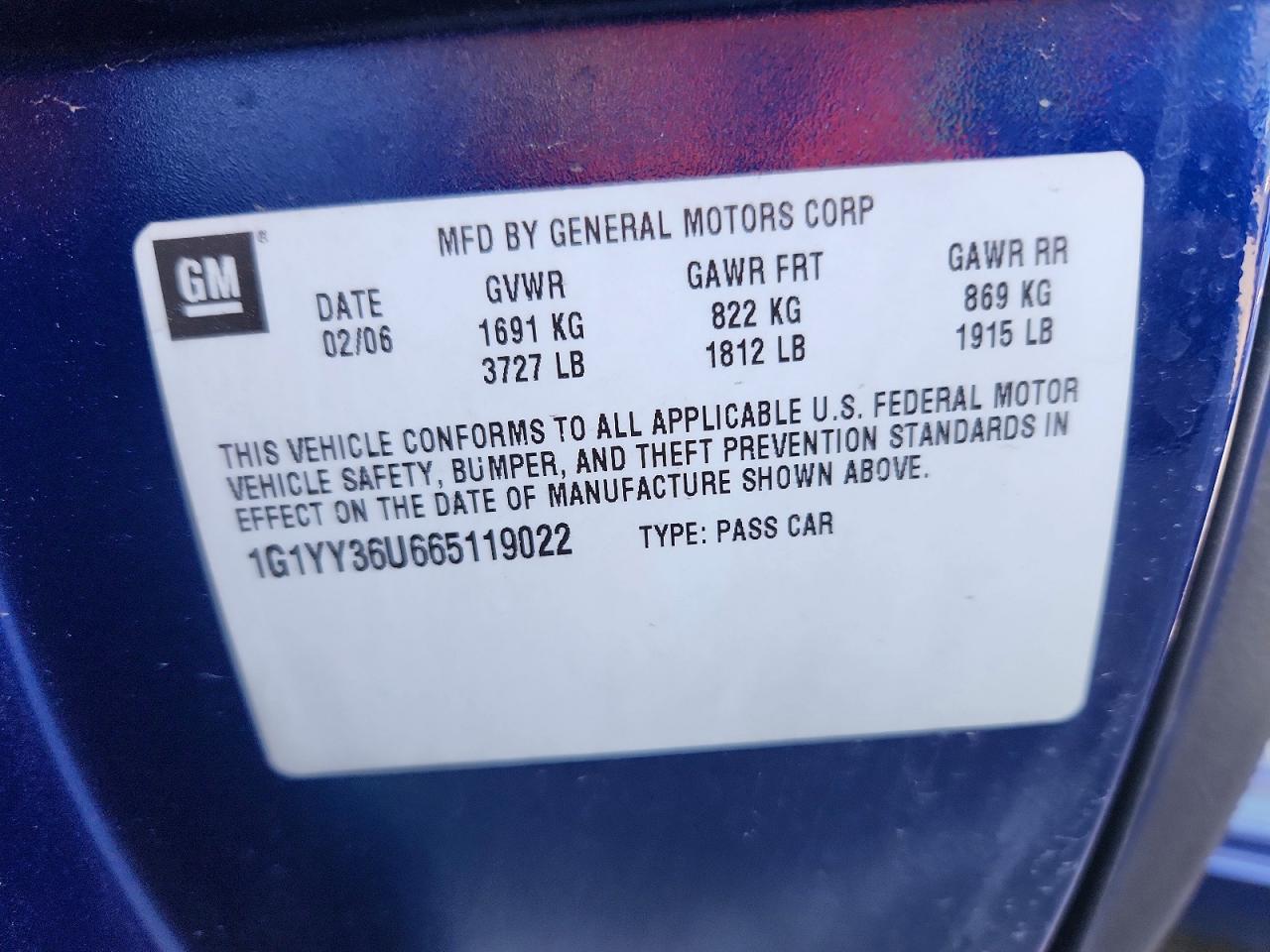 2006 Chevrolet Corvette Blue vin: 1G1YY36U665119022