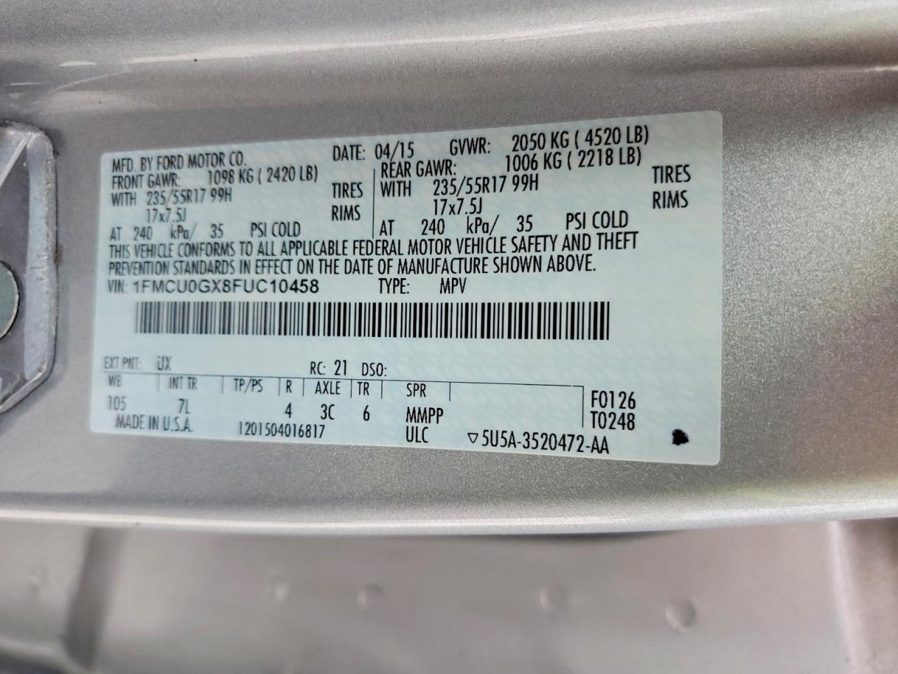2015 Ford Escape Se Silver vin: 1FMCU0GX8FUC10458