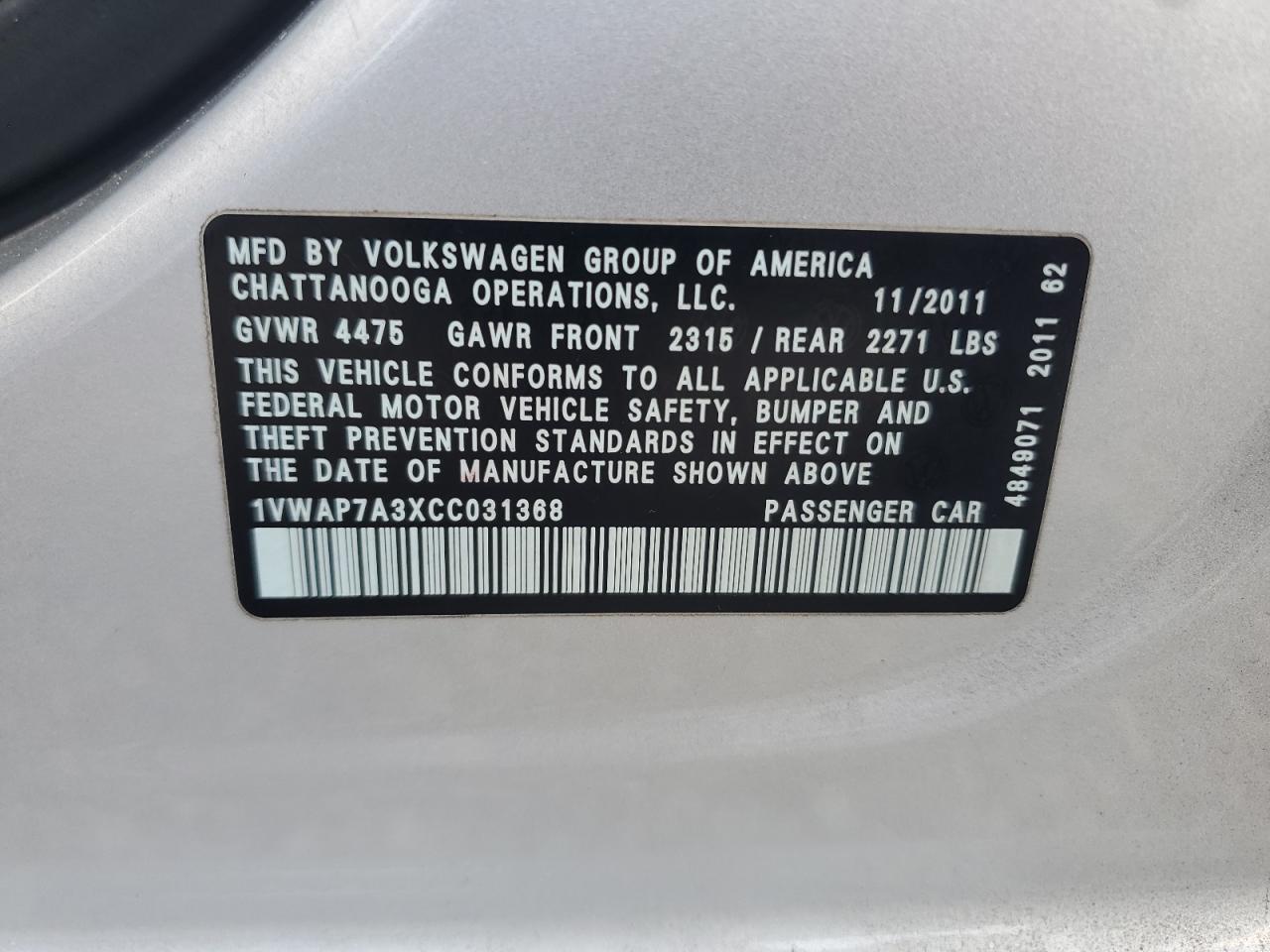 2012 Volkswagen Passat S Silver vin: 1VWAP7A3XCC031368