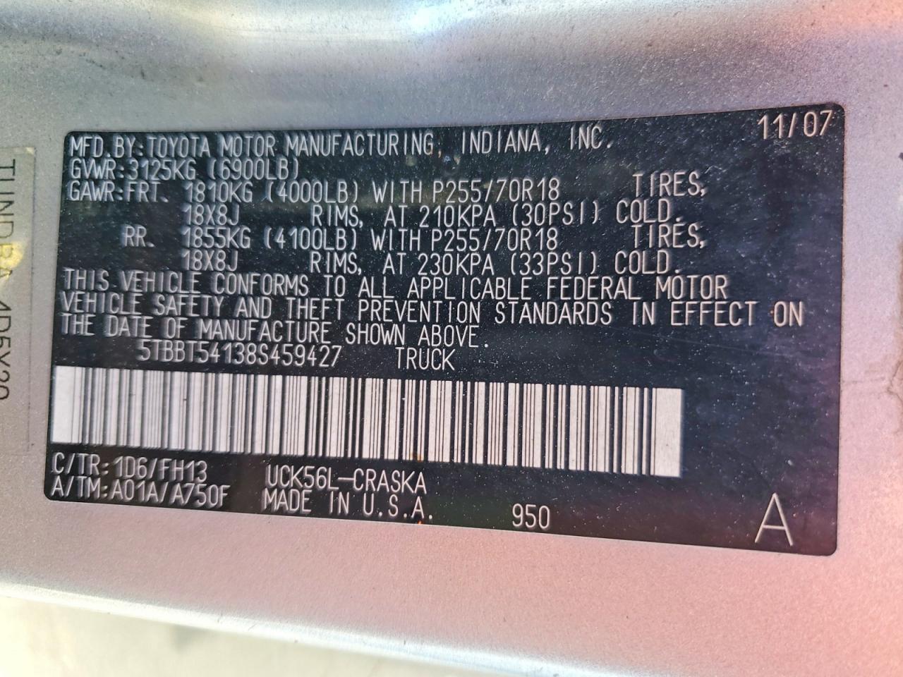 2008 Toyota Tundra Grade Silver vin: 5TBBT54138S459427