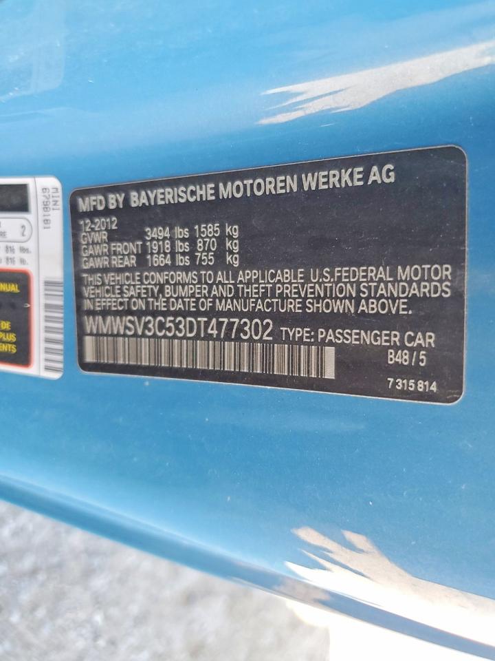 2013 Mini Cooper S Синий vin: WMWSV3C53DT477302