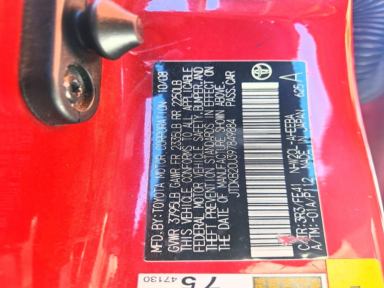 2009 Toyota Prius Base Red vin: JTDKB20U397849884