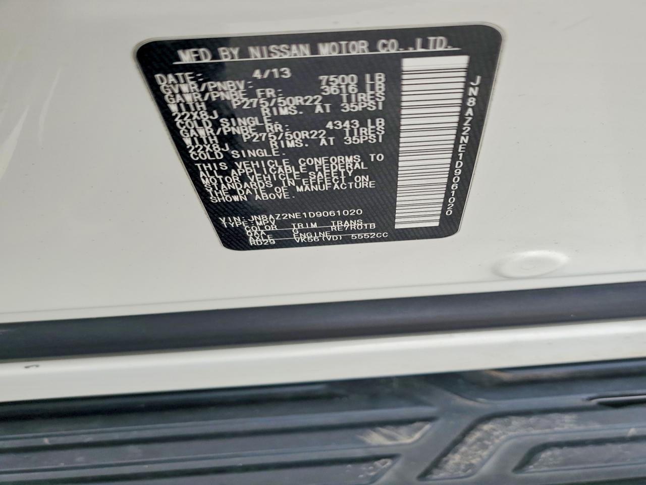 2013 Infiniti Qx56 Base White vin: JN8AZ2NE1D9061020