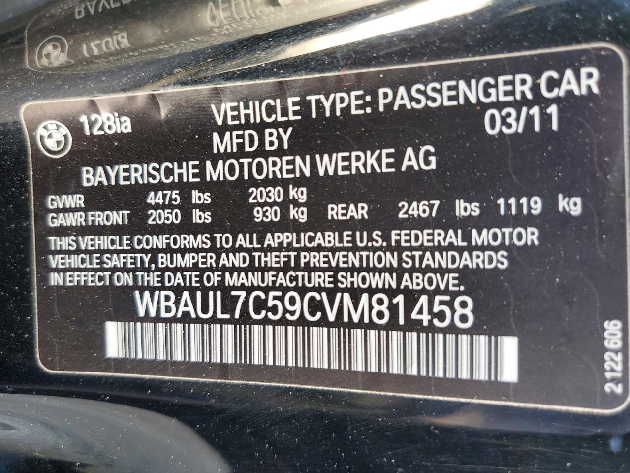 2012 Bmw 128 I Black vin: WBAUL7C59CVM81458