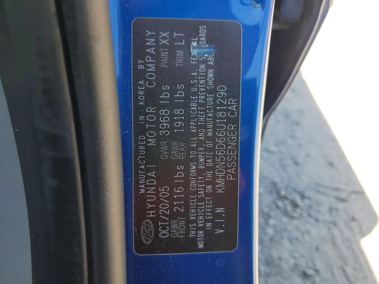 2006 Hyundai Elantra Gls Blue vin: KMHDN56D66U181290