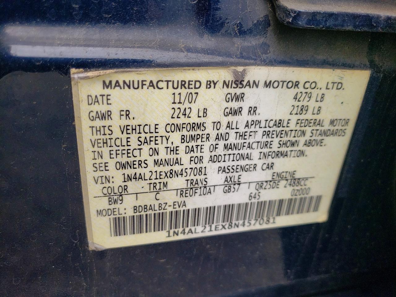 2008 Nissan Altima 2.5 Blue vin: 1N4AL21EX8N457081