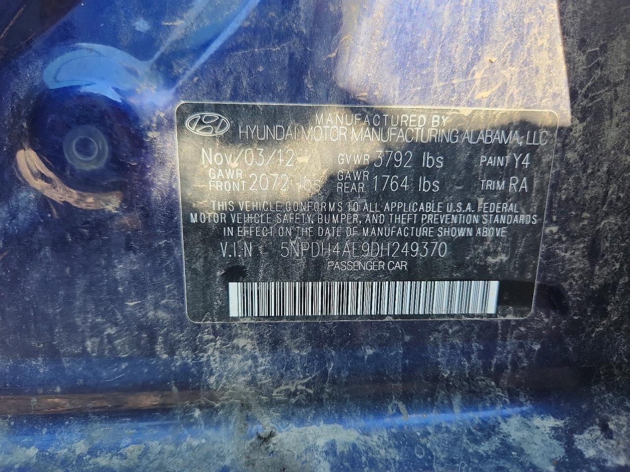 2013 Hyundai Elantra Limited Blue vin: 5NPDH4AE9DH249370