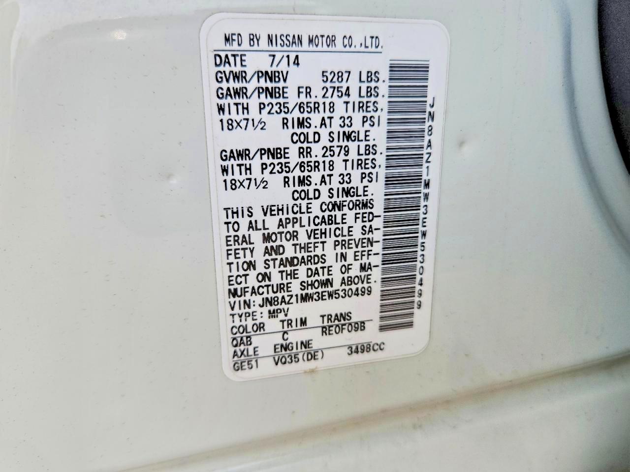 2014 Nissan Murano Sv White vin: JN8AZ1MW3EW530499