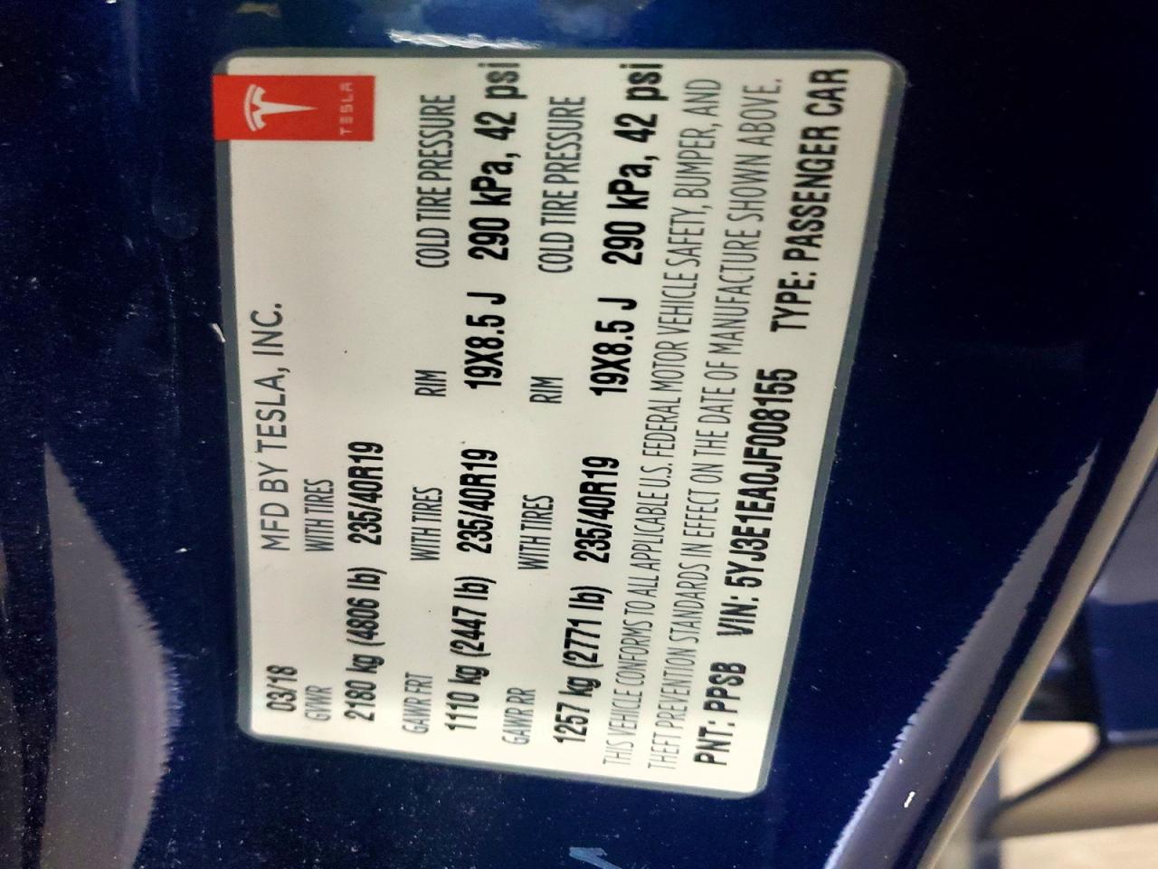 2018 Tesla Model 3 Синий vin: 5YJ3E1EA0JF008155