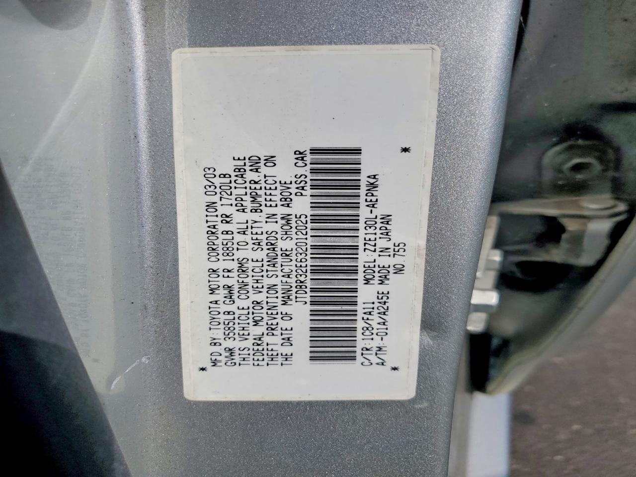 2003 Toyota Corolla Le Silver vin: JTDBR32E632012025