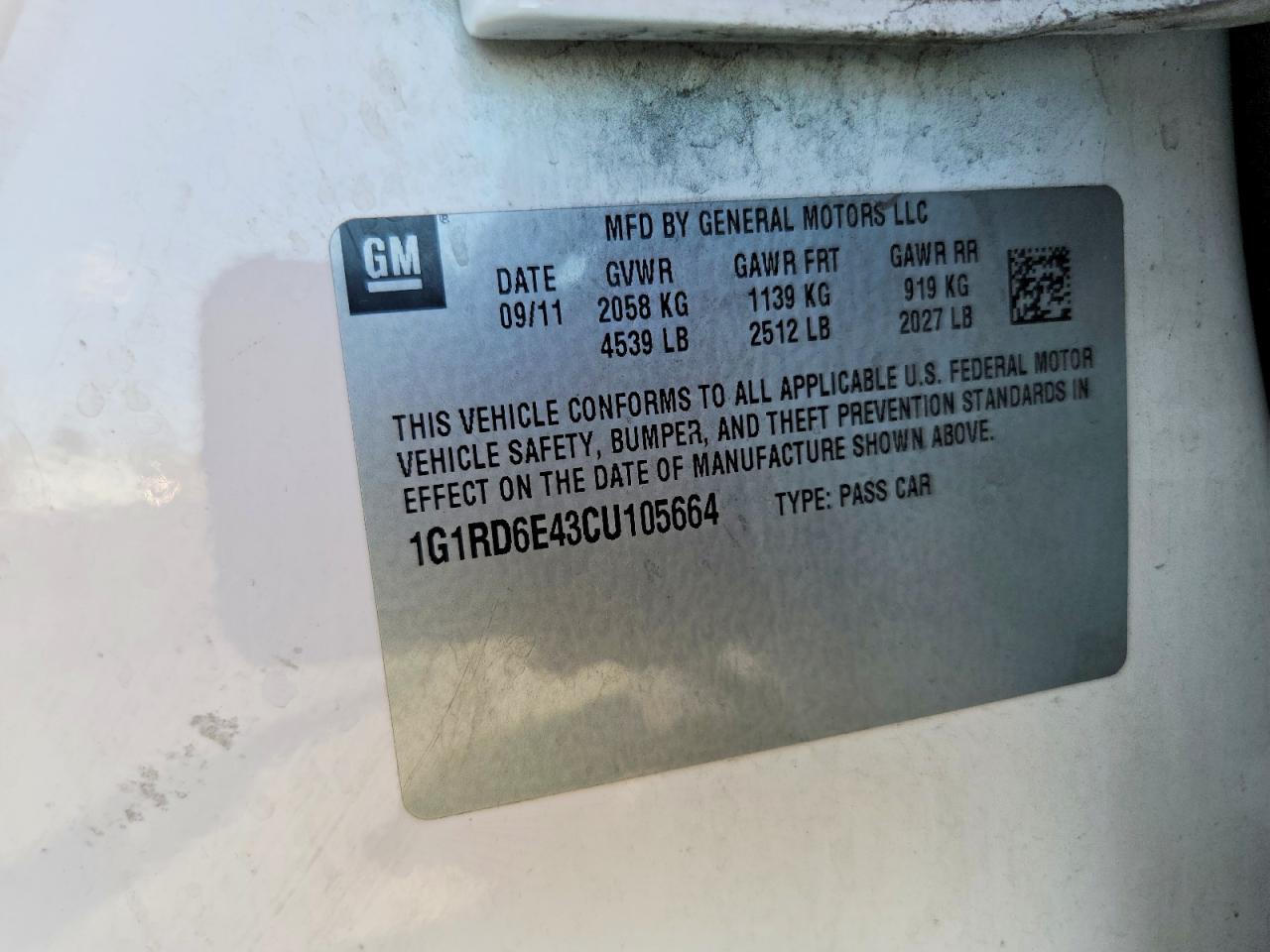 2012 Chevrolet Volt White vin: 1G1RD6E43CU105664