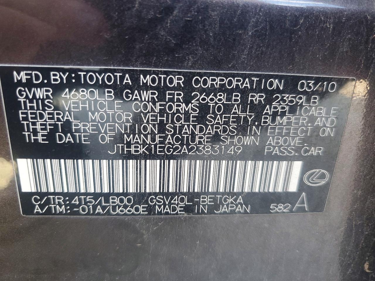 2010 Lexus Es 350 Gray vin: JTHBK1EG2A2383149