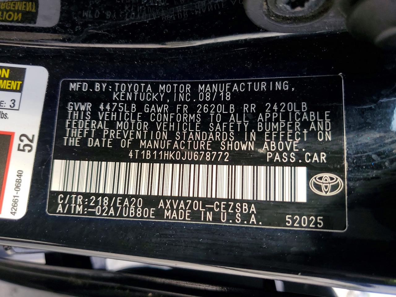 2018 Toyota Camry Se Черный vin: 4T1B11HK0JU678772