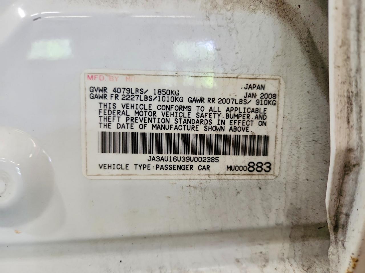 2009 Mitsubishi Lancer De White vin: JA3AU16U39U002385