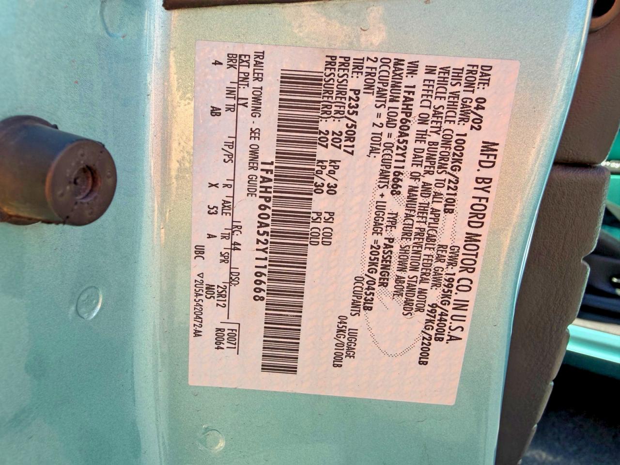 2002 Ford Thunderbird Turquoise vin: 1FAHP60A52Y116668