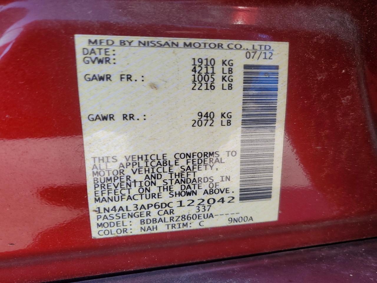2013 Nissan Altima 2.5 Red vin: 1N4AL3AP6DC122042
