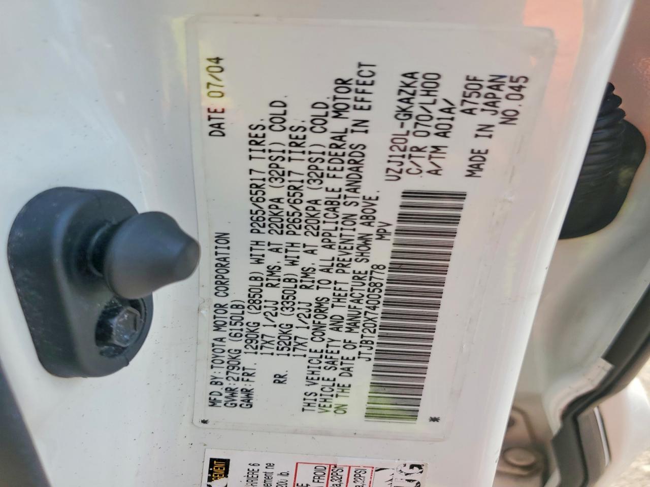 2004 Lexus Gx 470 Белый vin: JTJBT20X740058778