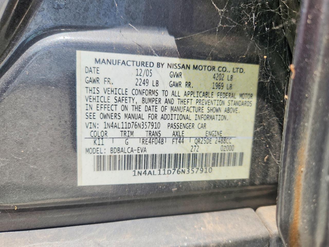 2006 Nissan Altima 2.5 Серый vin: 1N4AL11D76N357910