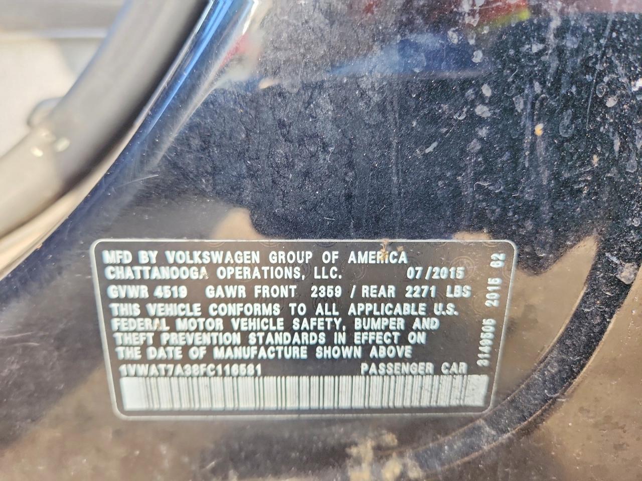 2015 Volkswagen Passat S Black vin: 1VWAT7A38FC116581