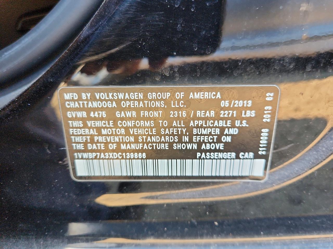 2013 Volkswagen Passat Se Black vin: 1VWBP7A3XDC139866
