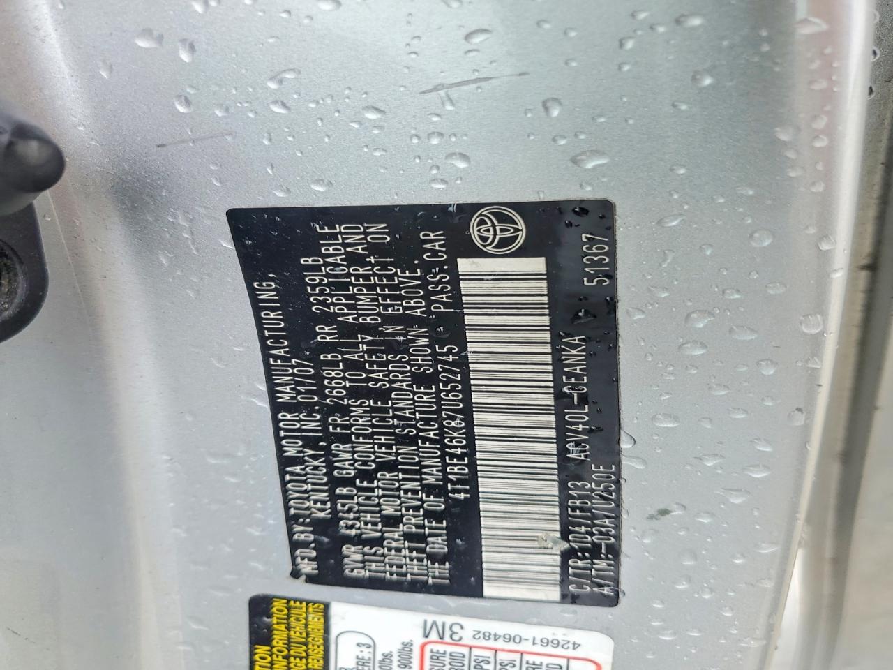 2007 Toyota Camry Le Silver vin: 4T1BE46K87U652745