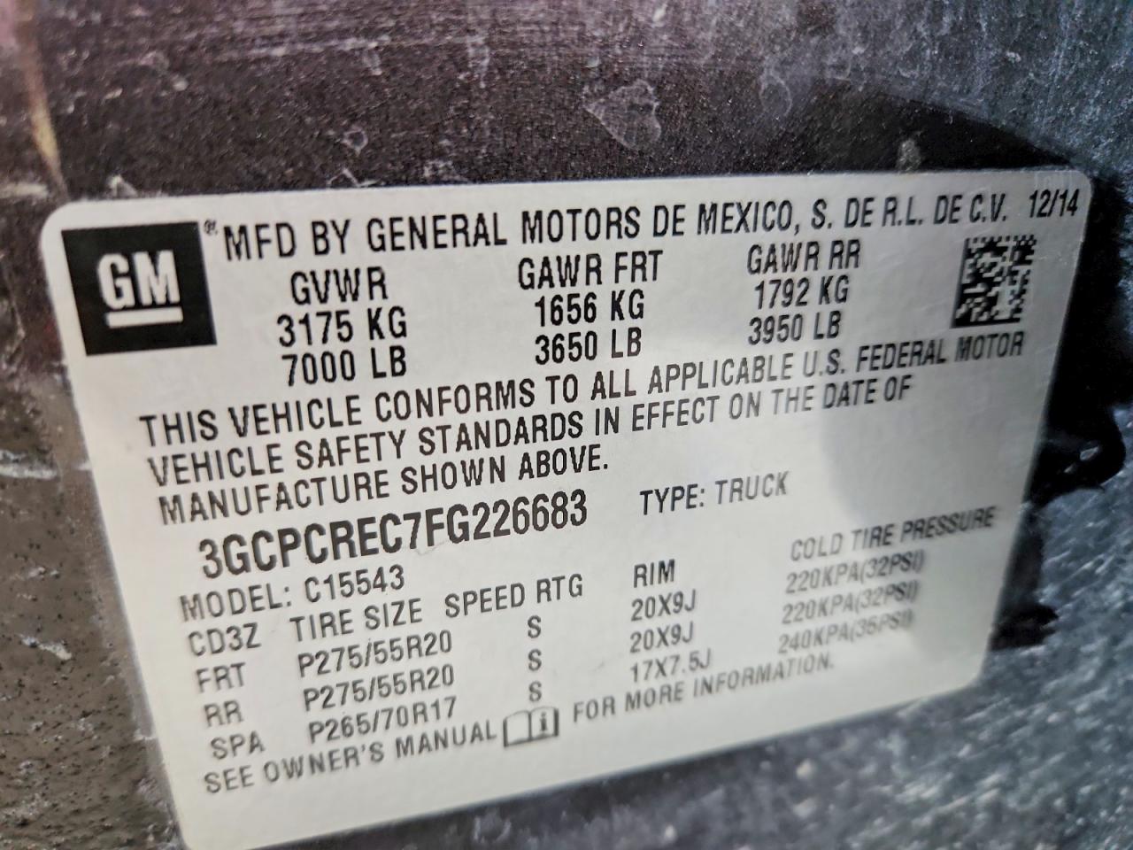 2015 Chevrolet Pk Угольный vin: 3GCPCREC7FG226683