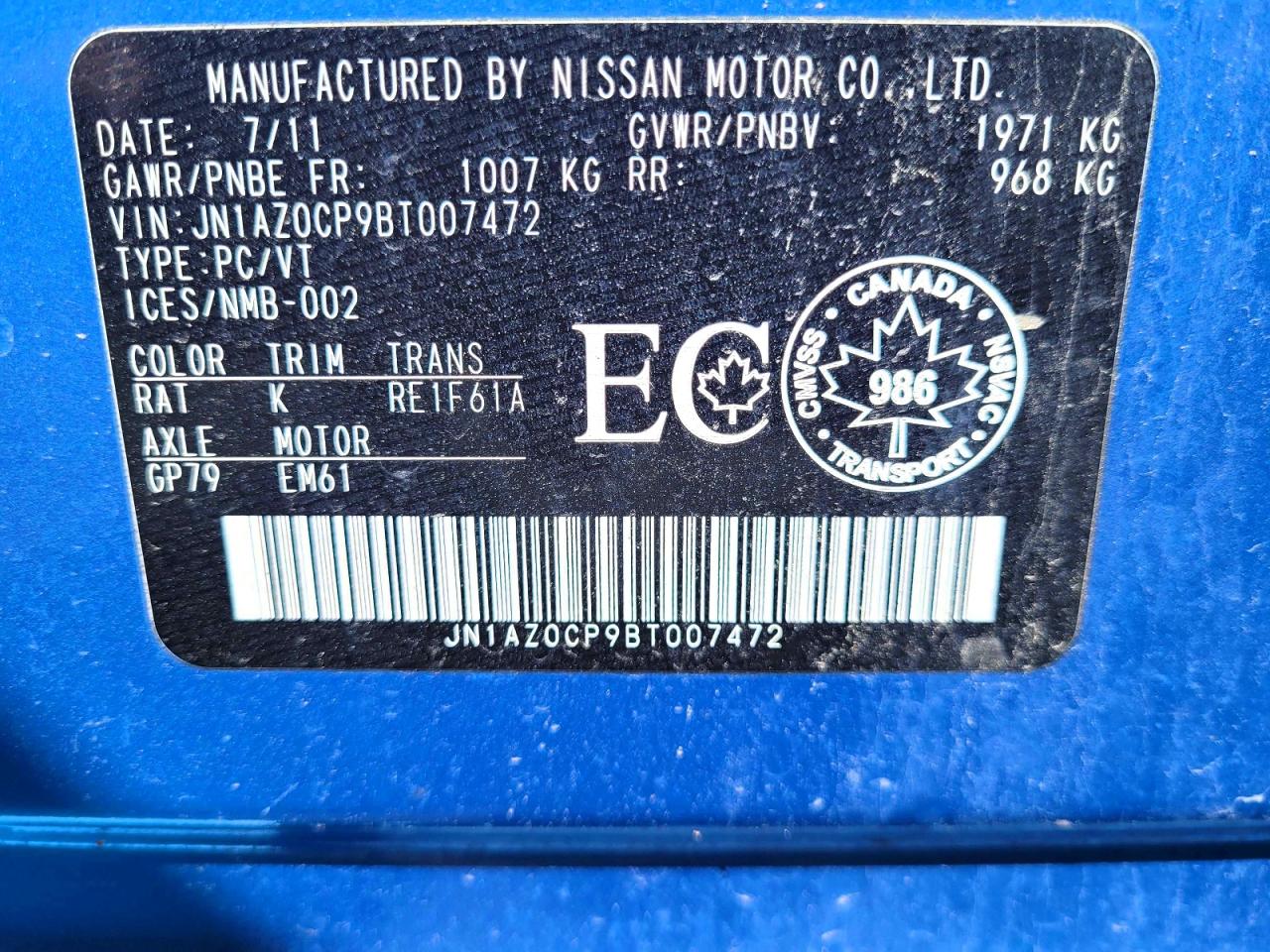 2011 Nissan Leaf Sv Blue vin: JN1AZ0CP9BT007472