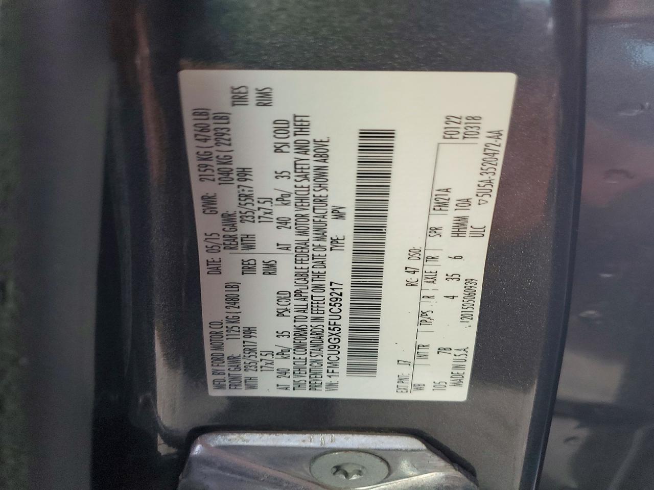 2015 Ford Escape Se Угольный vin: 1FMCU9GX5FUC59217