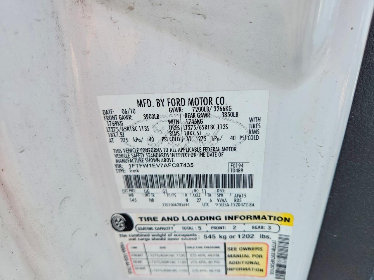 2010 Ford F150 Supercrew White vin: 1FTFW1EV7AFC87435
