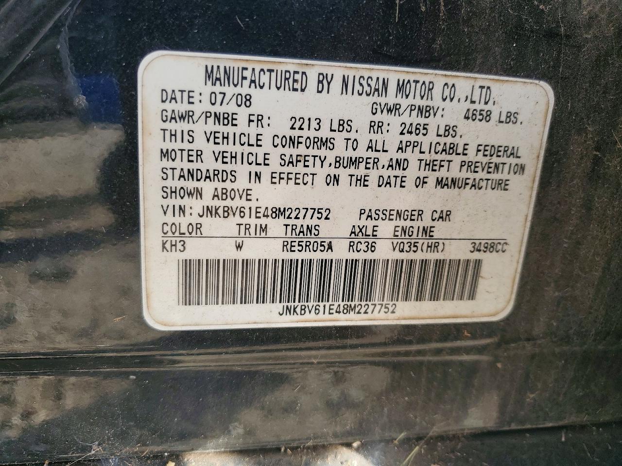2008 Infiniti G35 Base Black vin: JNKBV61E48M227752