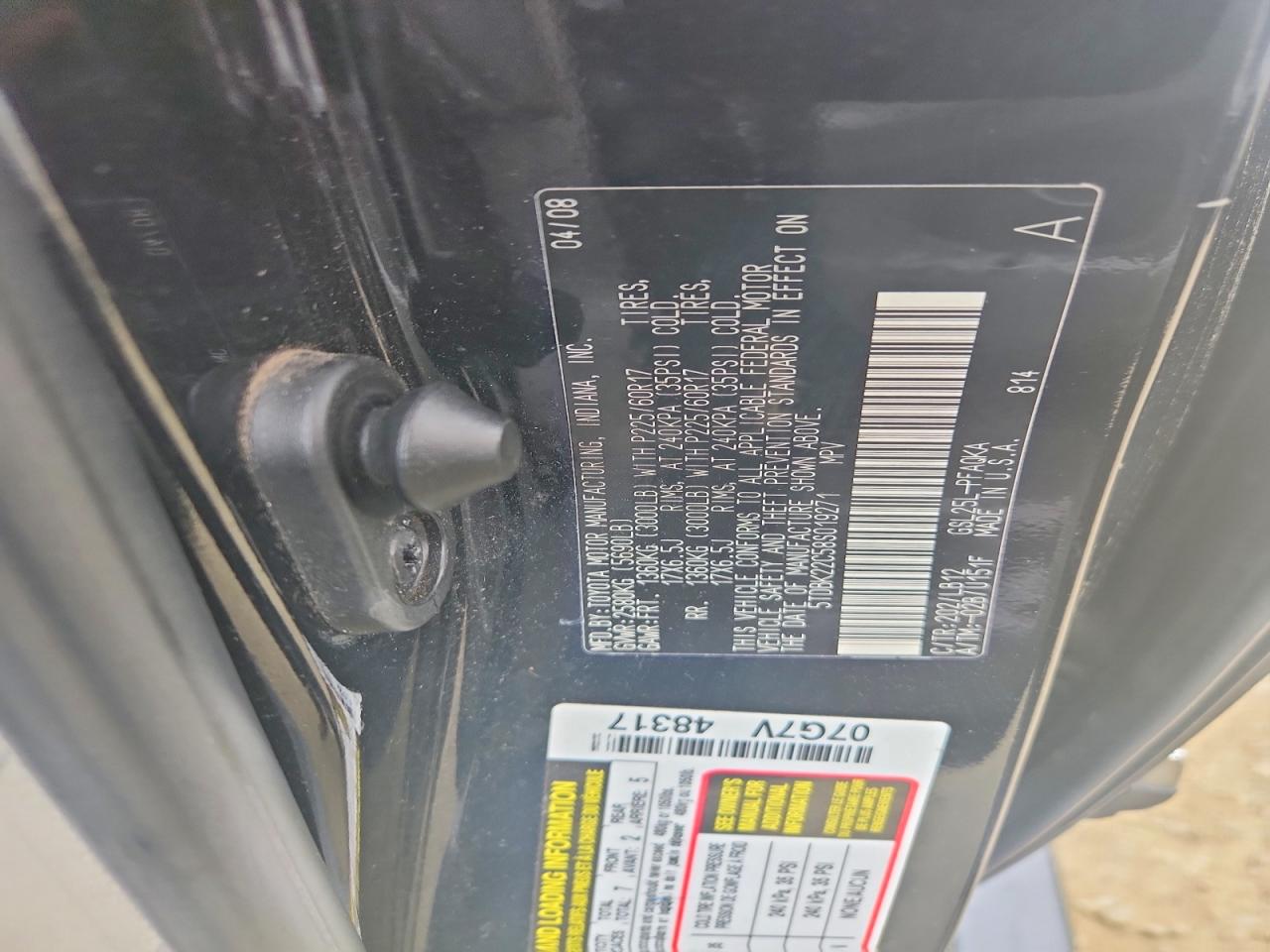 2008 Toyota Sienna Xle Limited Black vin: 5TDBK22C58S019271