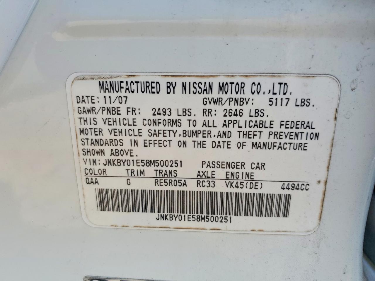 2008 Infiniti M45 Base White vin: JNKBY01E58M500251