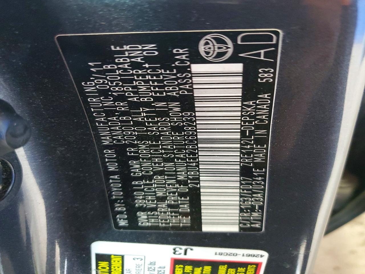 2011 Toyota Corolla S Gray vin: 2T1BU4EE2BC698239