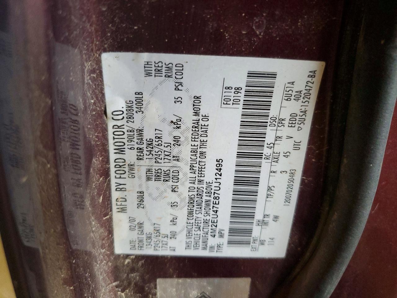 2007 Mercury Mountaineer Luxury Maroon vin: 4M2EU47E87UJ12495