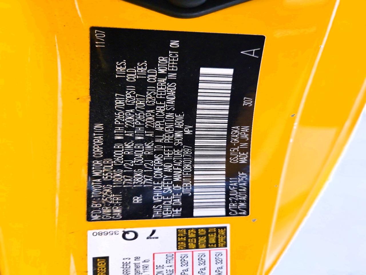 2008 Toyota Fj Cruiser Base Yellow vin: JTEBU11F08K017897