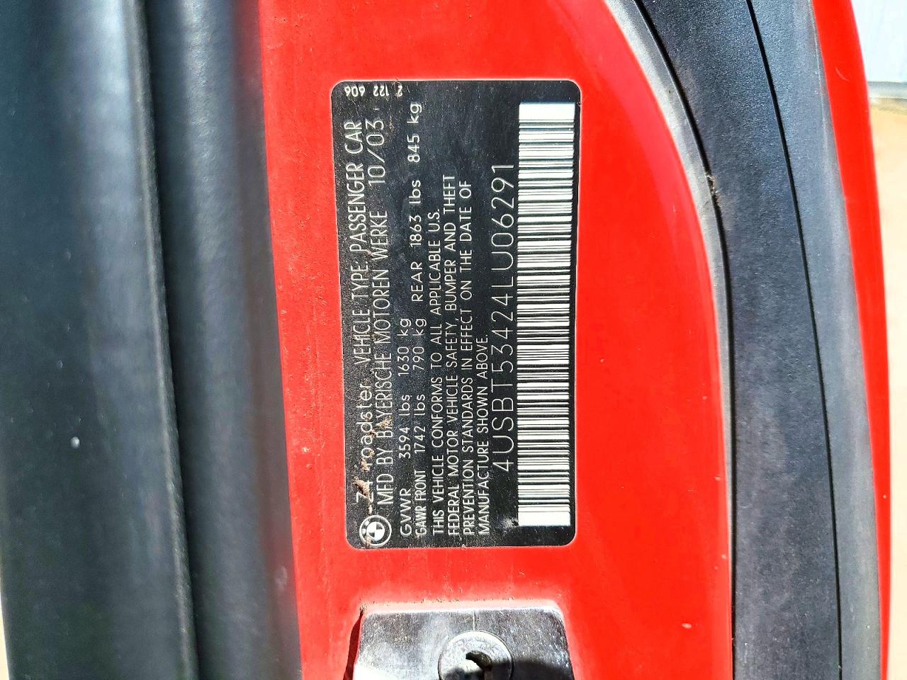 2004 Bmw Z4 3.0 Red vin: 4USBT53424LU06291
