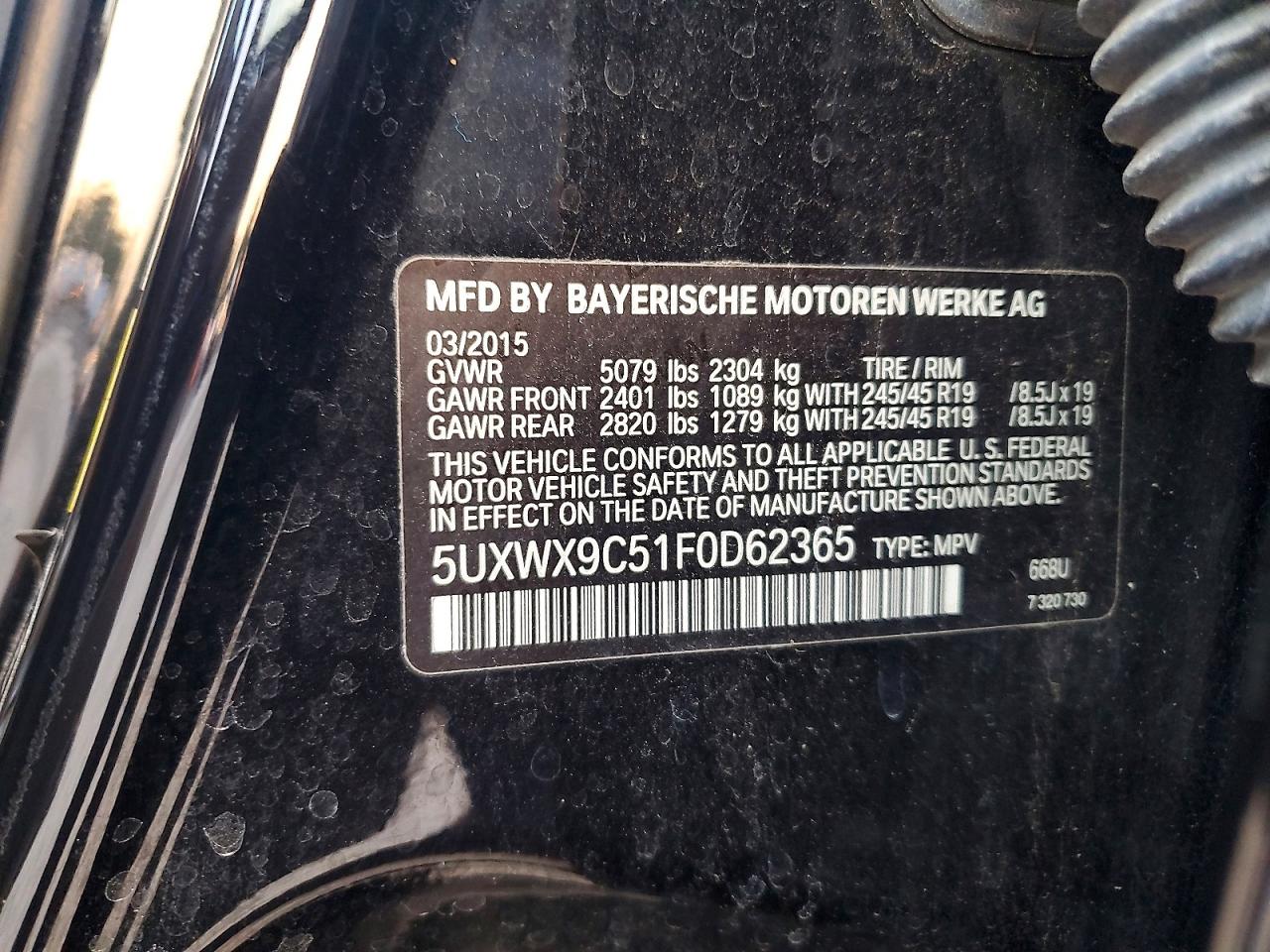 2015 Bmw X3 Xdrive28i Черный vin: 5UXWX9C51F0D62365