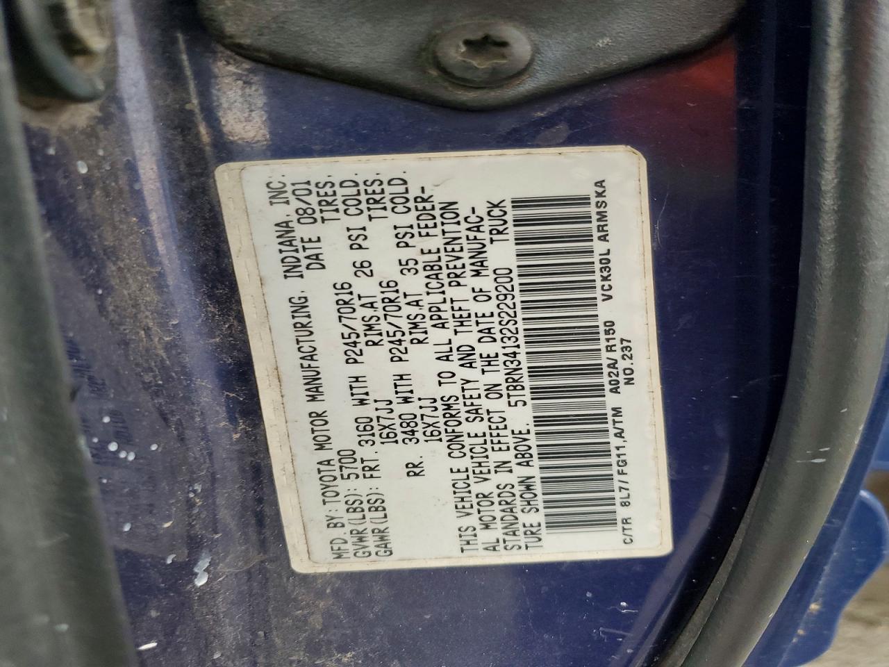 2002 Toyota Tundra Sr5 Blue vin: 5TBRN34132S229200