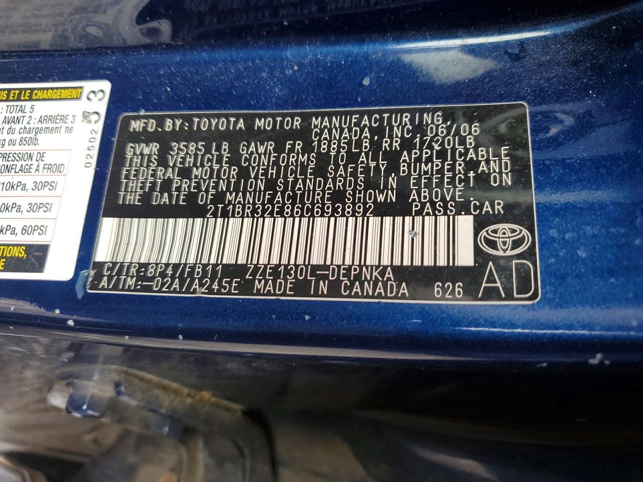2006 Toyota Corolla Le Blue vin: 2T1BR32E86C693892