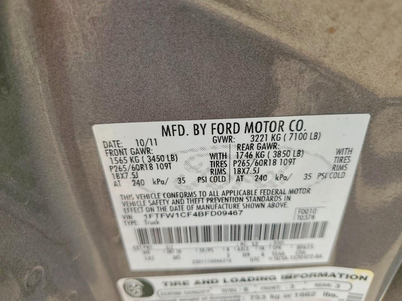 2011 Ford F150 Supercrew Gray vin: 1FTFW1CF4BFD09467