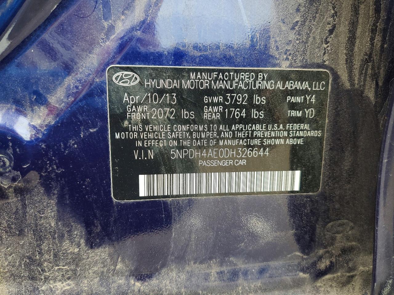 2013 Hyundai Elantra Limited Blue vin: 5NPDH4AE0DH326644