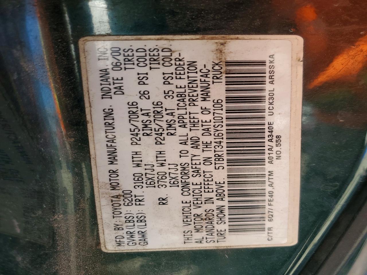 2000 Toyota Tundra Sr5 Green vin: 5TBRT3416YS107106