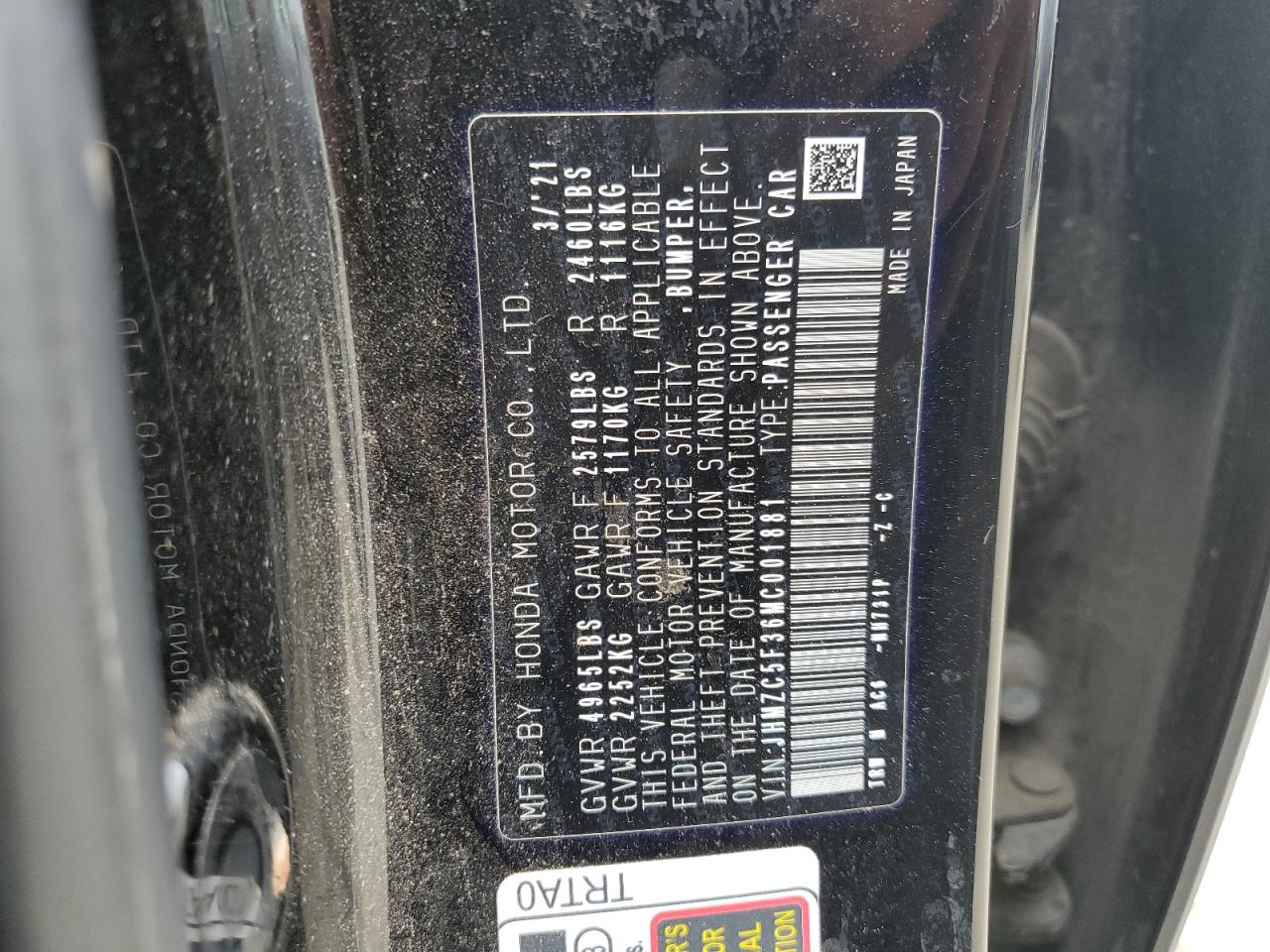 2021 Honda Clarity Touring   Black vin: JHMZC5F36MC001881